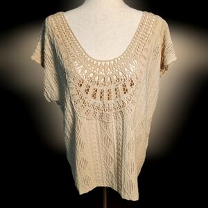 Cream Crochet Women's Short Sleeve Top Dolman Cut, Textured Scoop Neckline Lg